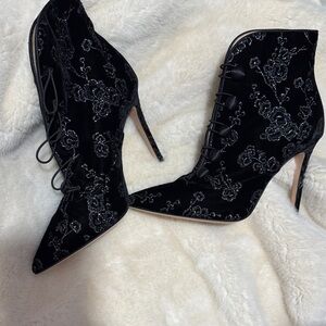 Milano Black Velvet Embroidered Lace-Up Stiletto Ankle Boots